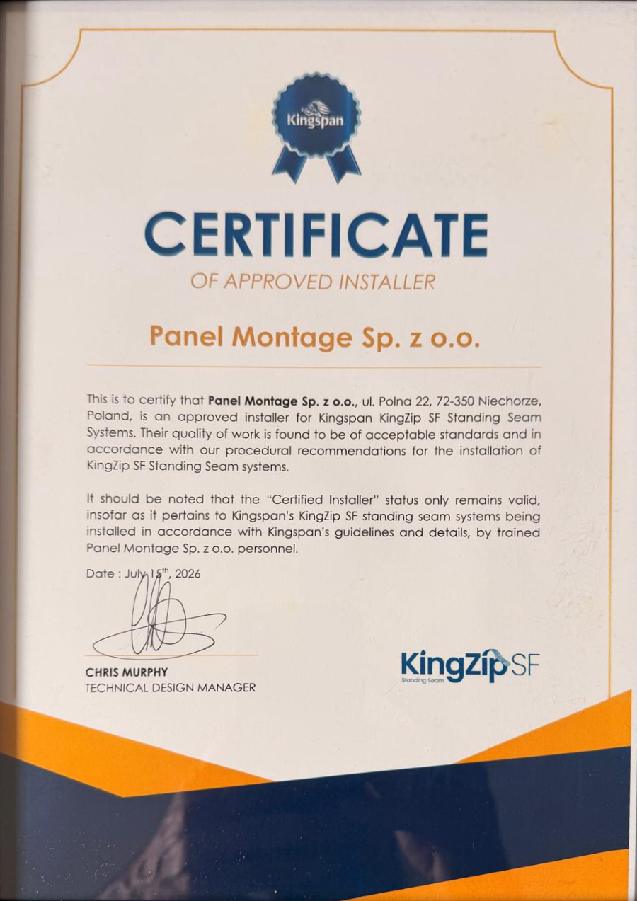 Kingspan KingZip SF Approved Installer certificate for Panel Montage, 15 July 2026